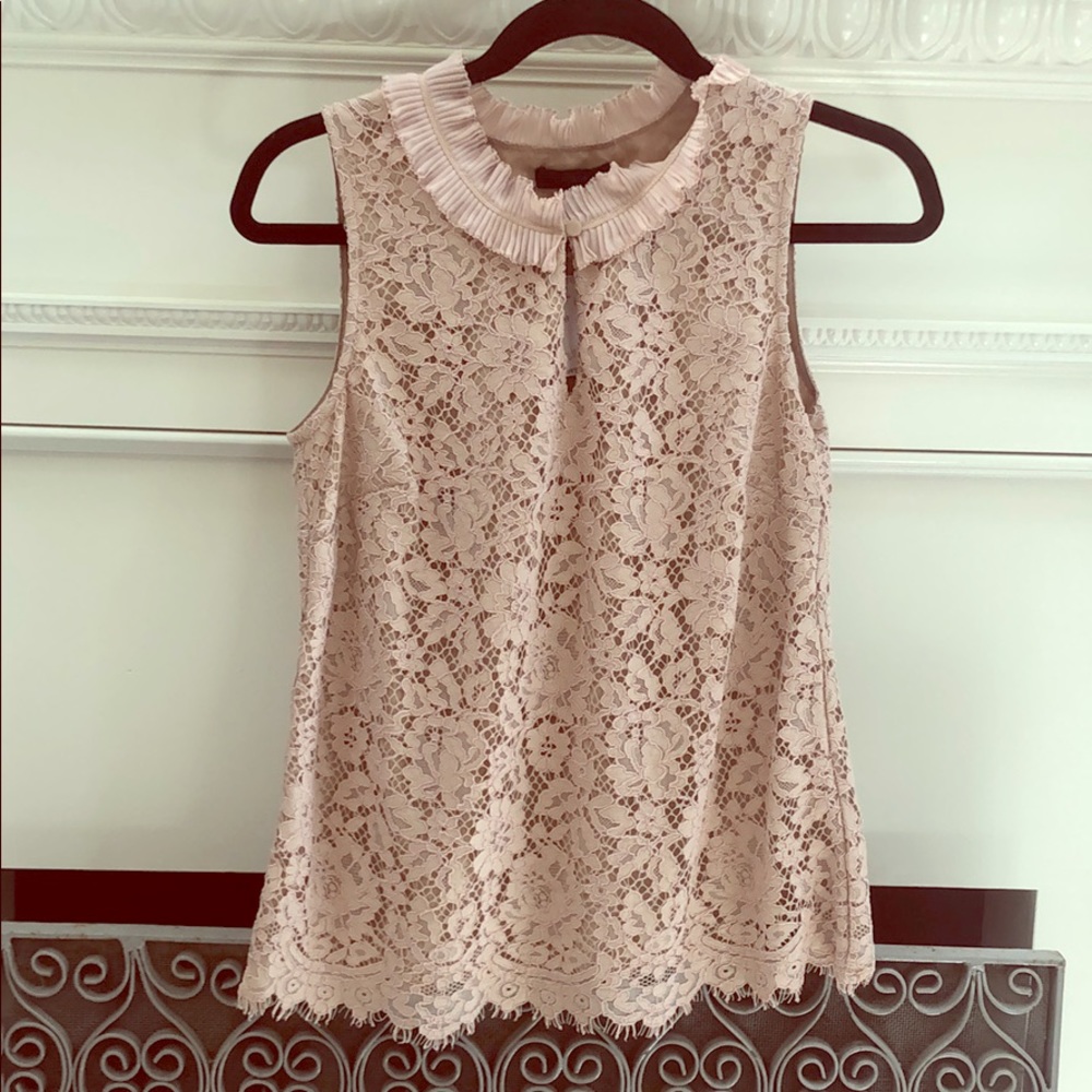J Crew Blush colored lace top w pleated collar